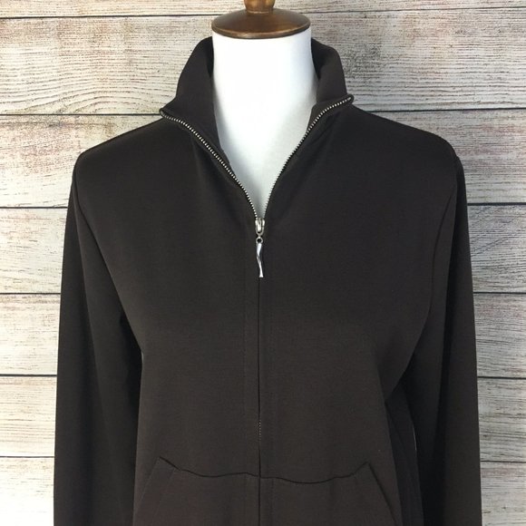 Kathie Lee Collection Long Knit Jacket Full Zip Mock Neck Brown Women's Medium - Picture 2 of 10